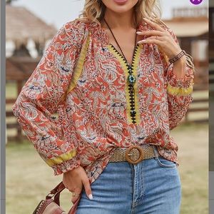 Size L NWT Red Floral Smocked Neck Top/tunic. 100% Polyester.